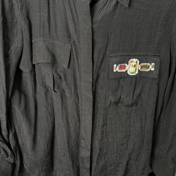 Cocomo Womens‎ Petite L Sheer Black Button-Up Shirt Rhinestone Long Sleeve - Picture 12 of 12